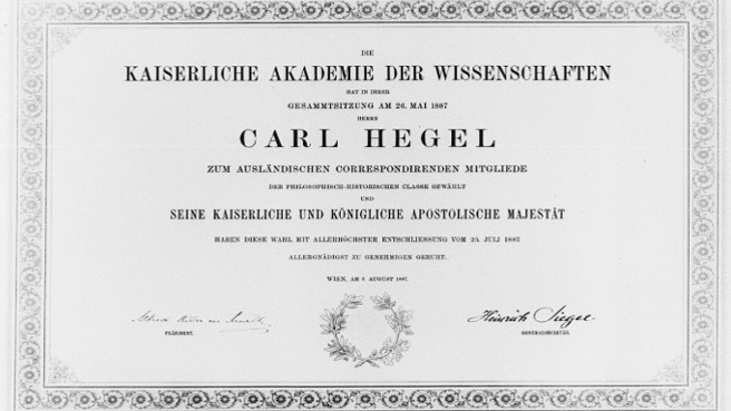 Ernennungsurkunde Karl Hegels zum korr. Mitglied der Kaiserlichen Akademie Wien